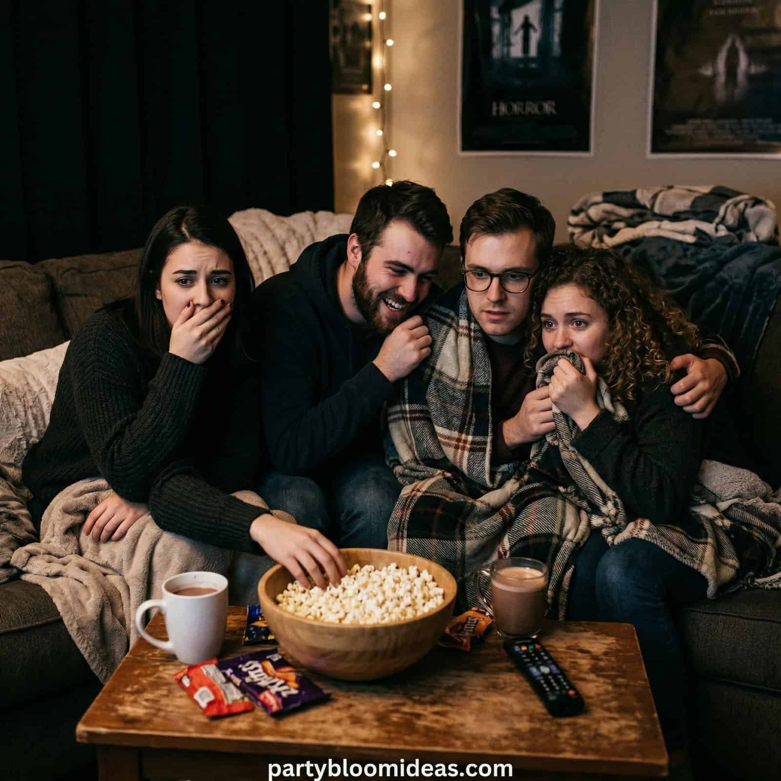Group of friends watching horror movies on Halloween night at home.