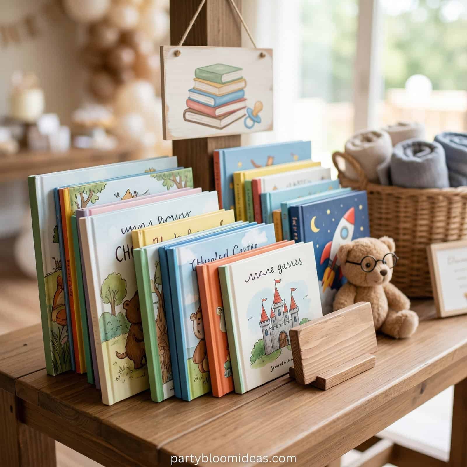 Colorful collection of children's books for baby shower decor setup.