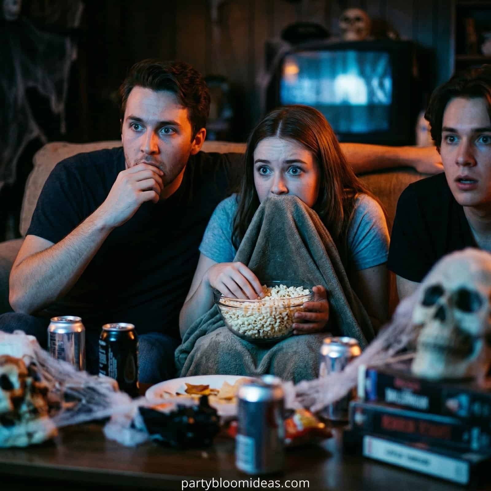 Group of friends watching a scary movie during Halloween party night.