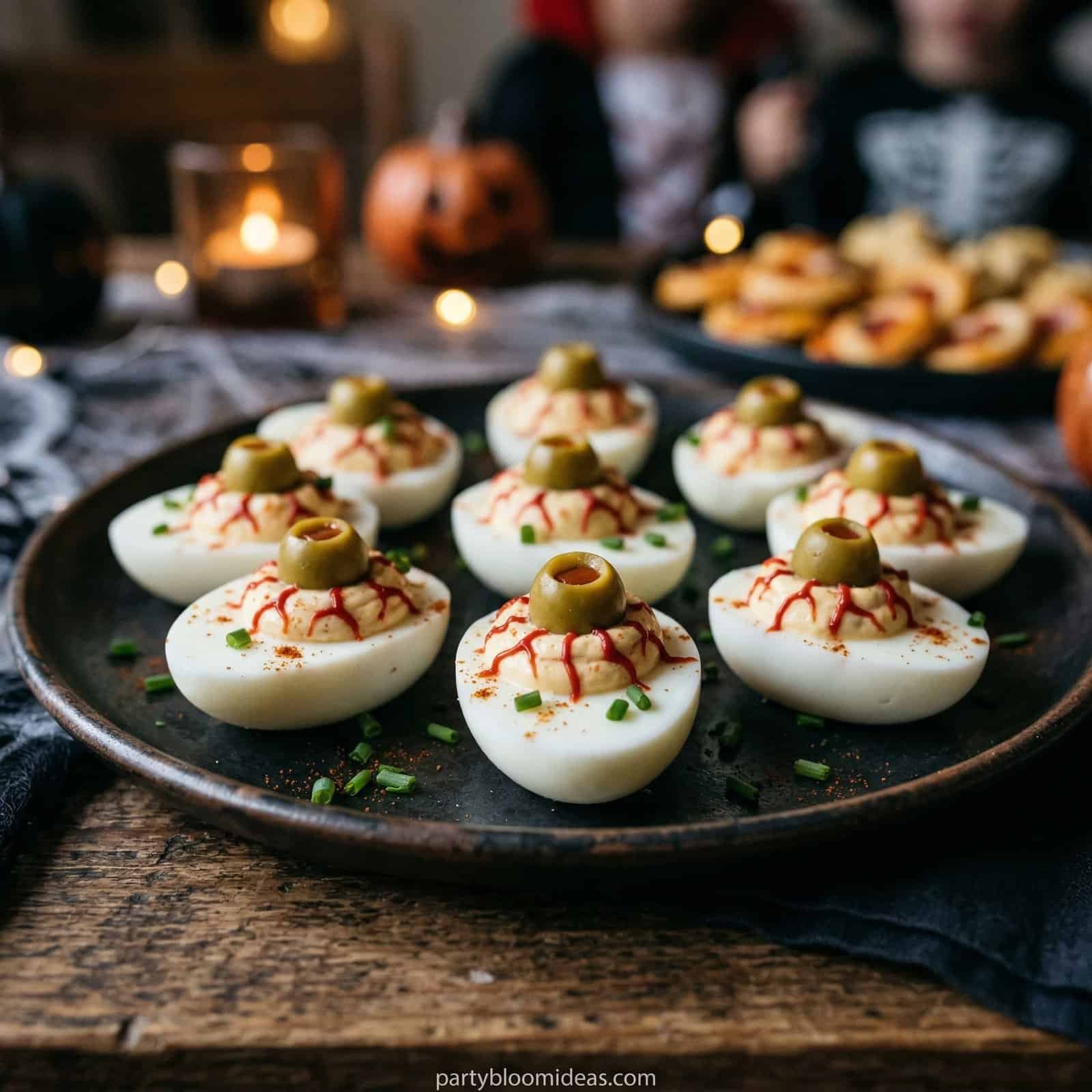 Halloween deviled eggs topped with green olives and garnished with chives on a rustic platter.
