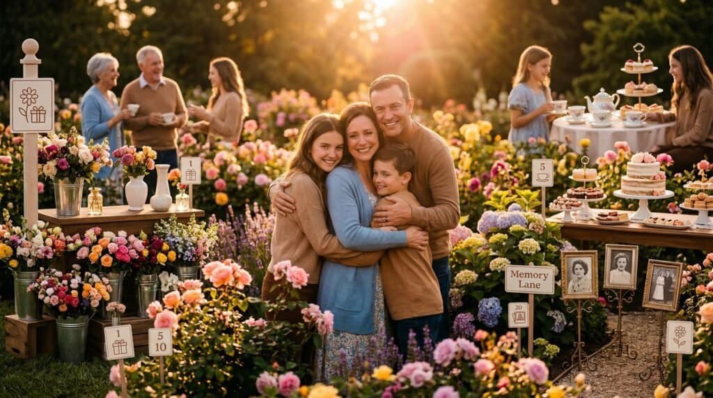 Beautiful family enjoying a Mother's Day outdoor garden party with floral decor and sweet treats.