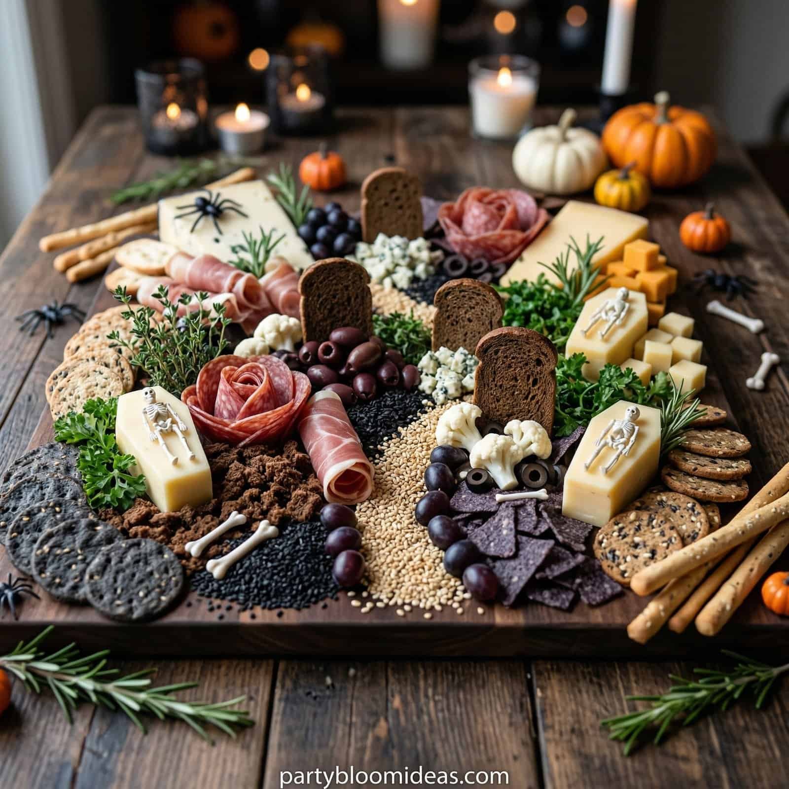 Elegant Halloween charcuterie board with cheeses, crackers, grapes, and festive decorations.