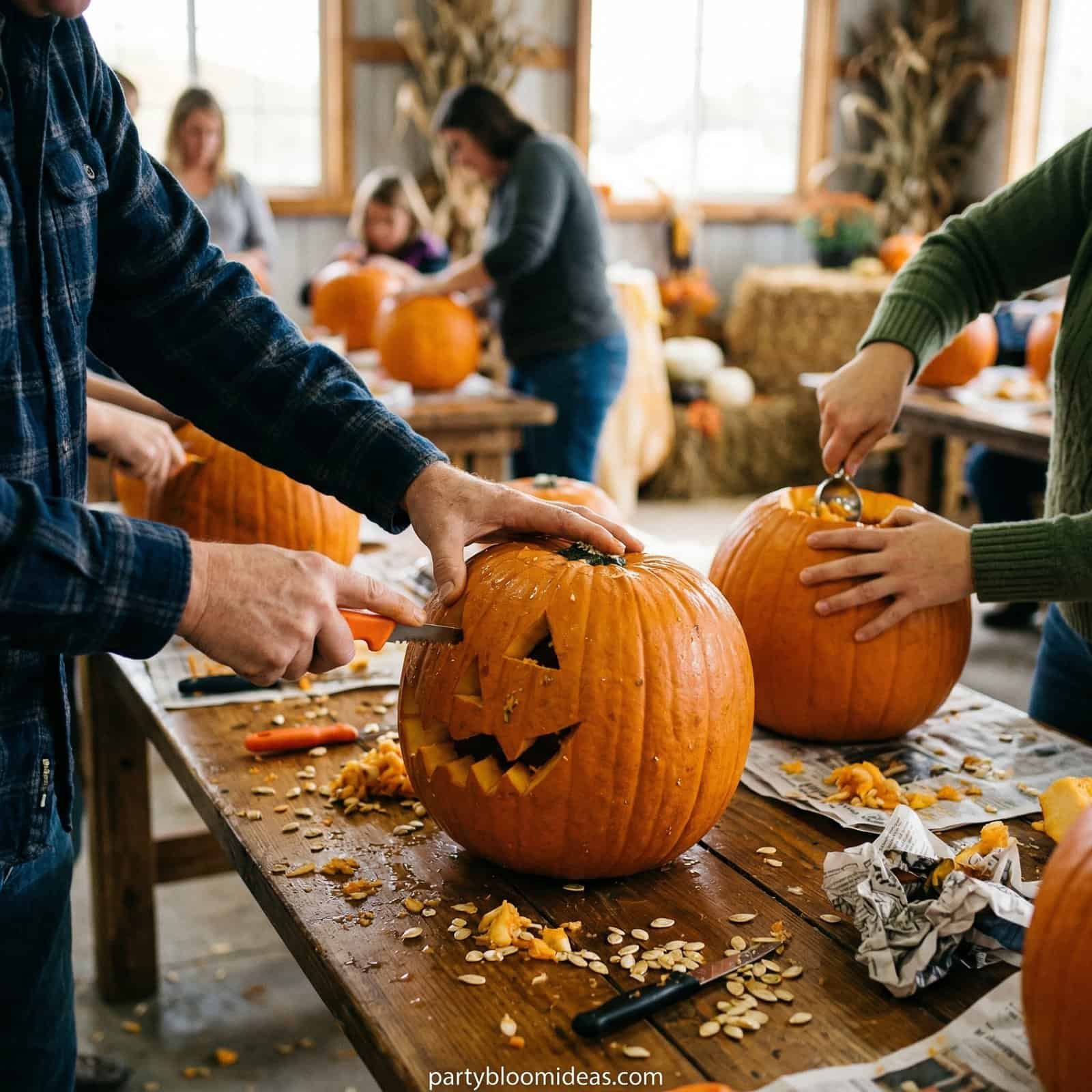 People carving pumpkins at a Halloween party for adults.