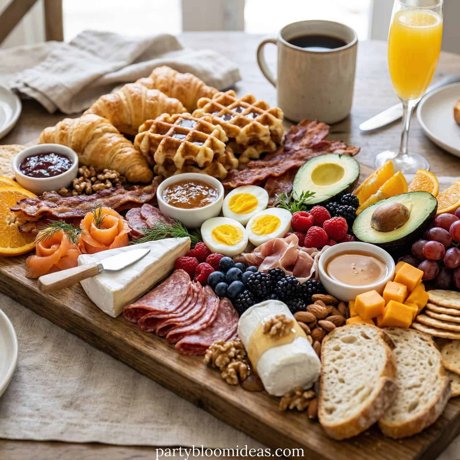 Delicious baby shower food spread featuring croissants, cheese, fruits, and breakfast items.