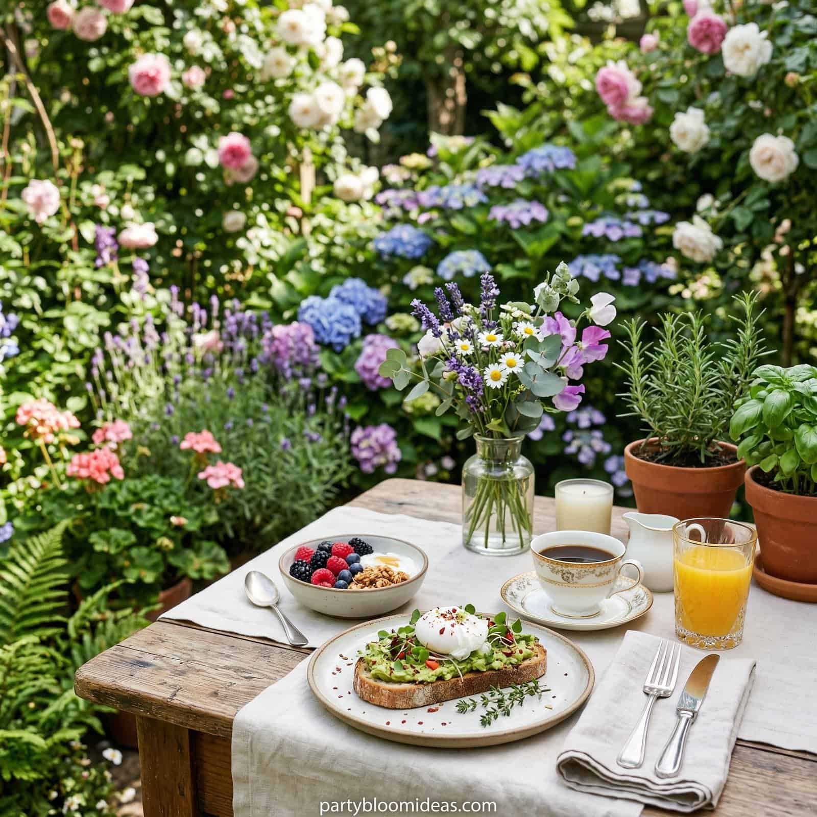 Beautiful garden table setup for a baby shower with flowers and breakfast items.