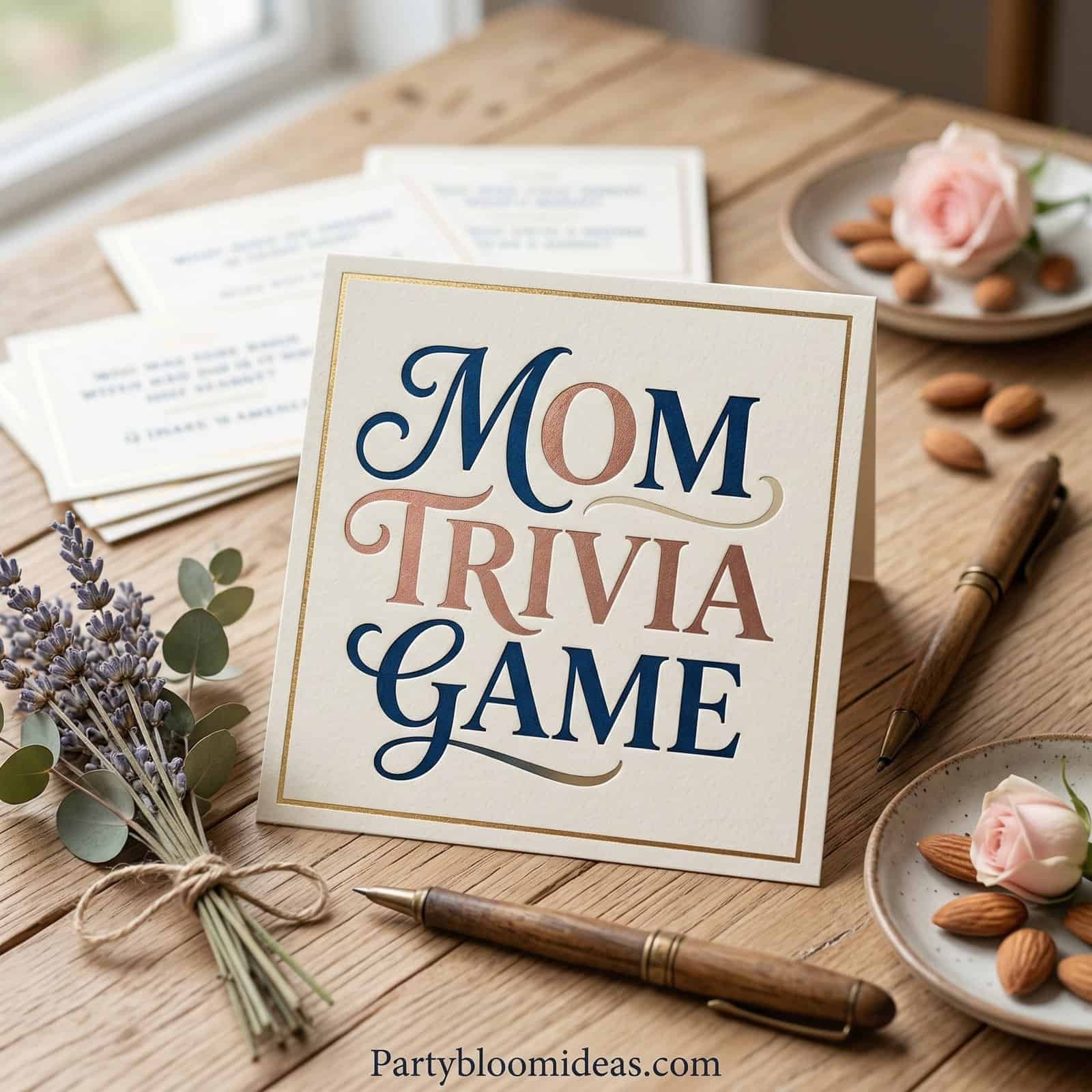 Mom trivia game sign with flowers and almonds on a wooden table.