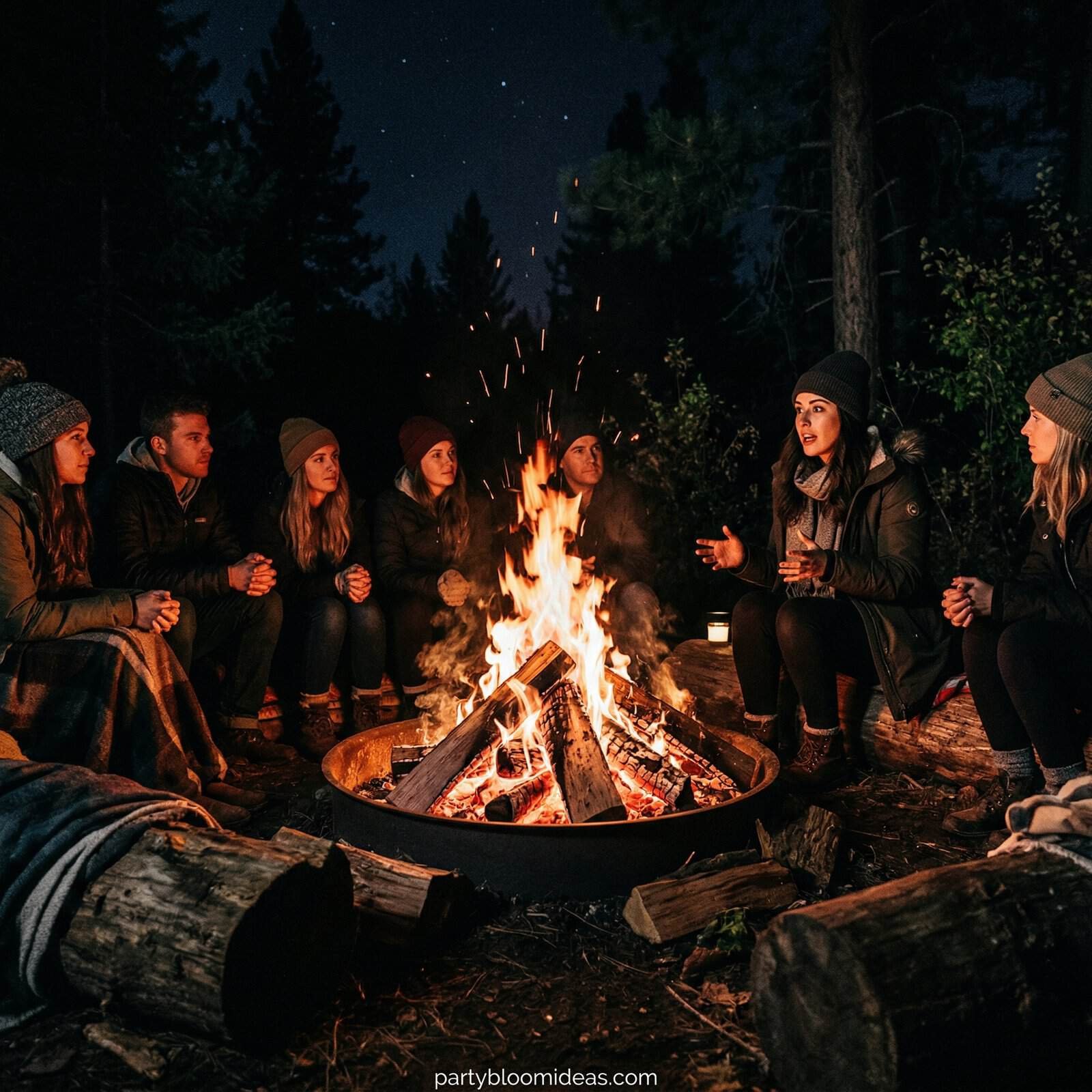 Halloween campfire gathering with friends in the woods.