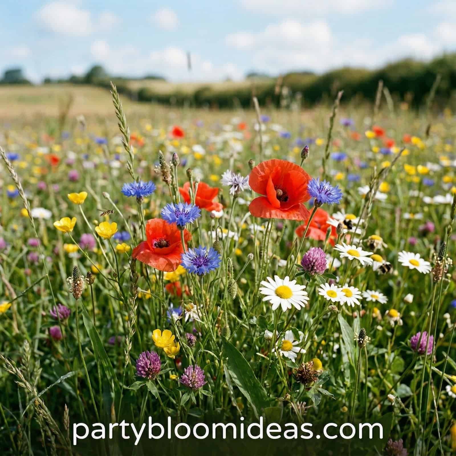 Colorful wildflowers in a lush green field under a bright blue sky.