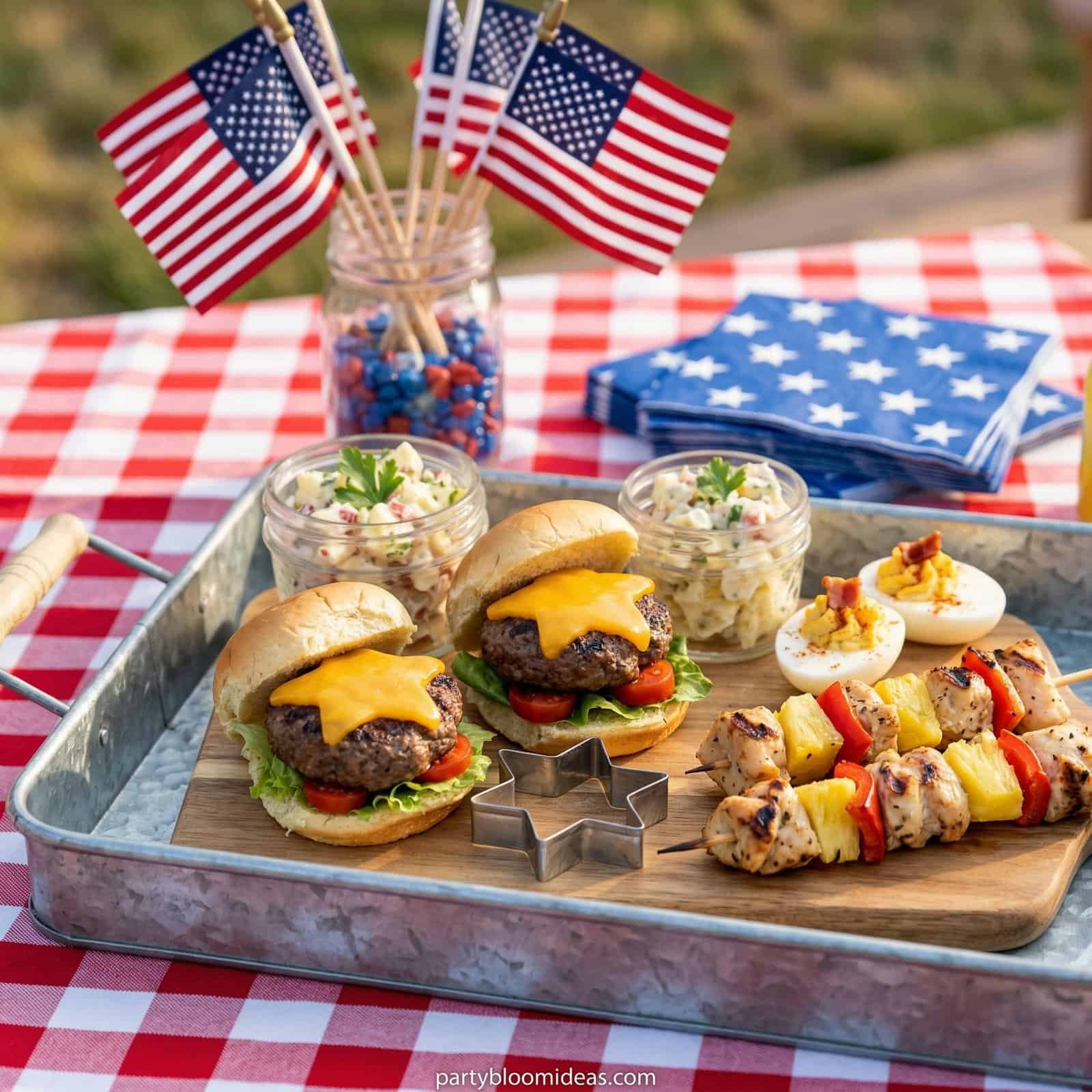 Delicious mini burgers and fruit skewers for a backyard BBQ party.