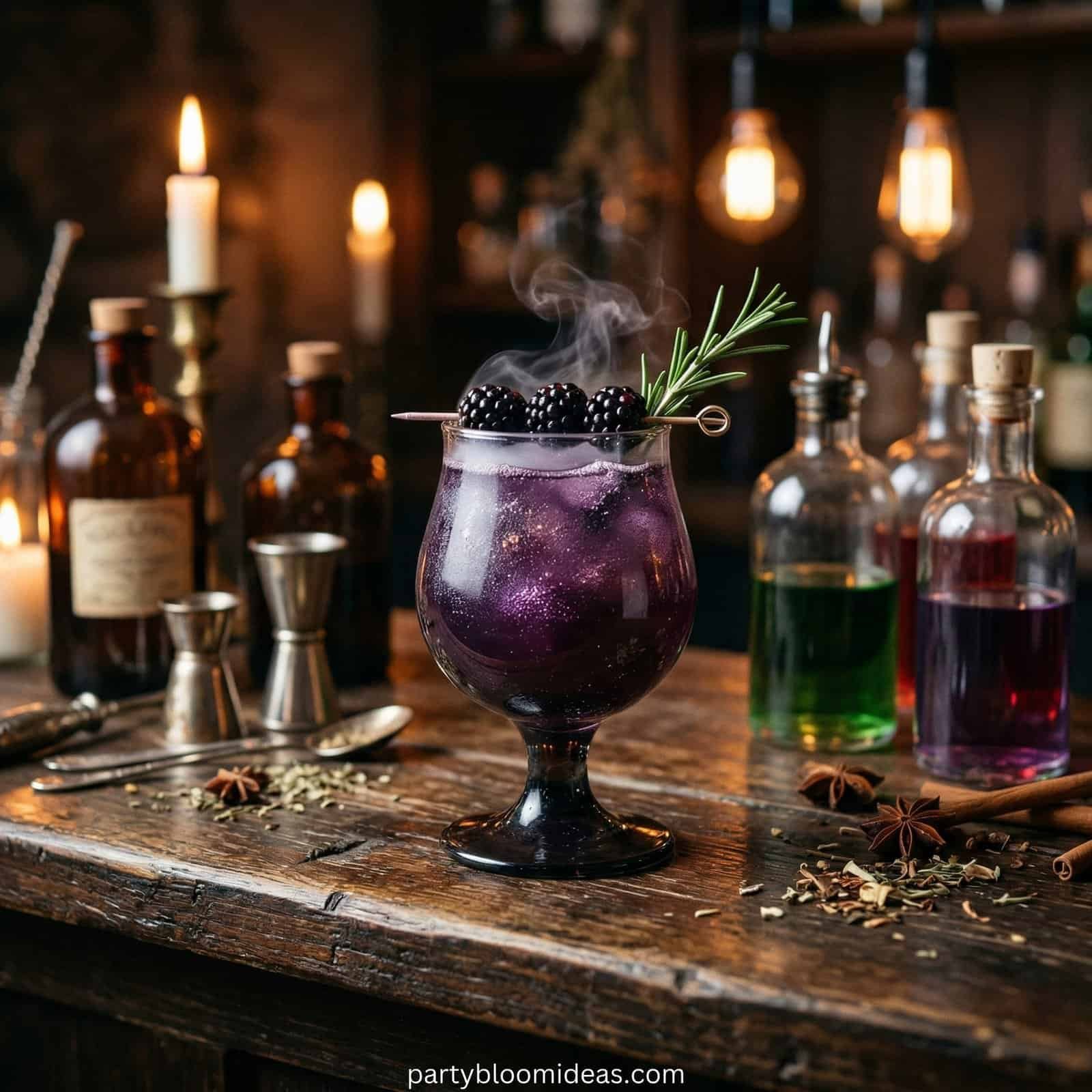 Halloween-themed cocktail with blackberries and herbs on a rustic bar counter.