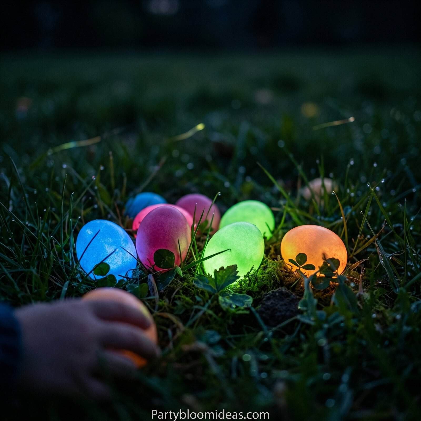 Colorful glowing Easter eggs hidden in grass for kids' Easter egg hunt.
