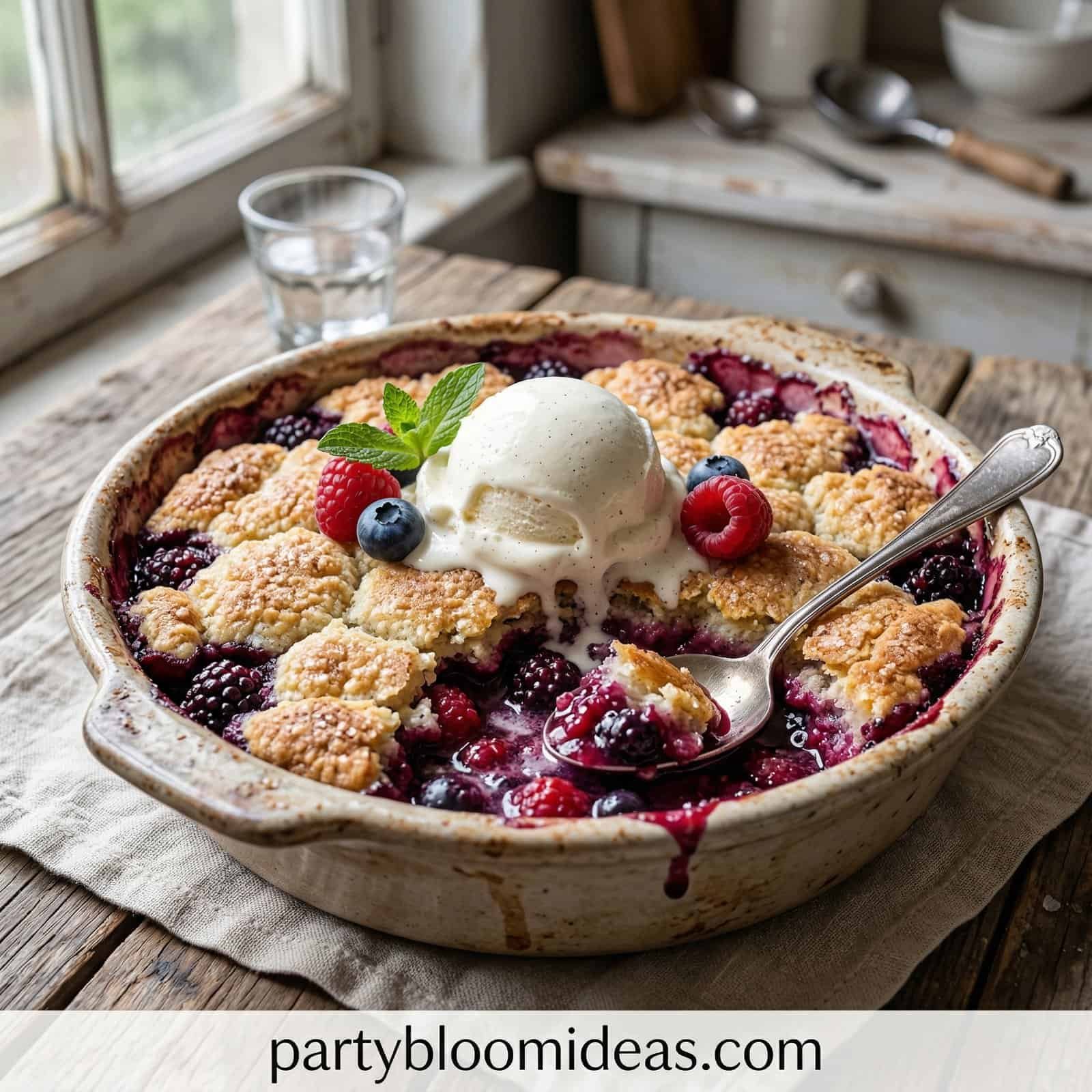 Delicious berry cobbler topped with vanilla ice cream, perfect for outdoor summer backyard BBQ parti.