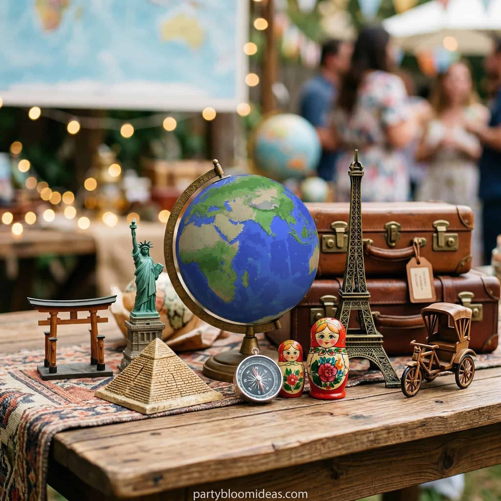Travel-themed baby shower decor with miniature landmarks and vintage suitcases.