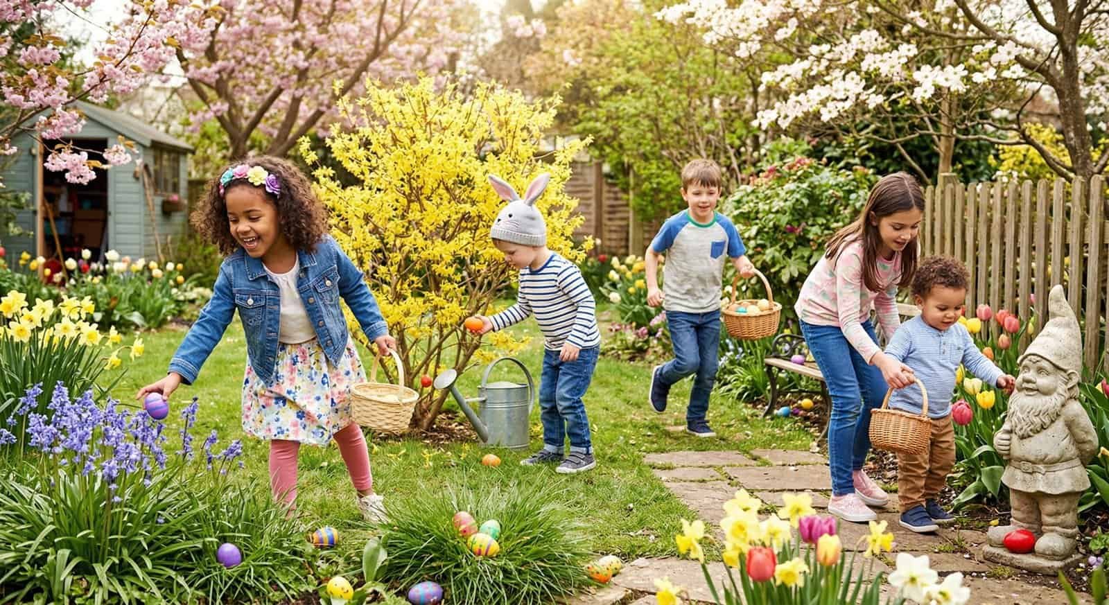 Colorful Easter garden party with children hunting eggs and enjoying spring blooms.