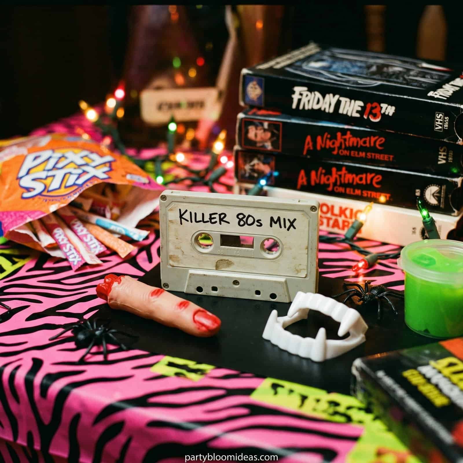 Vintage VHS tapes and cassette tape for Halloween party decor and themed entertainment.