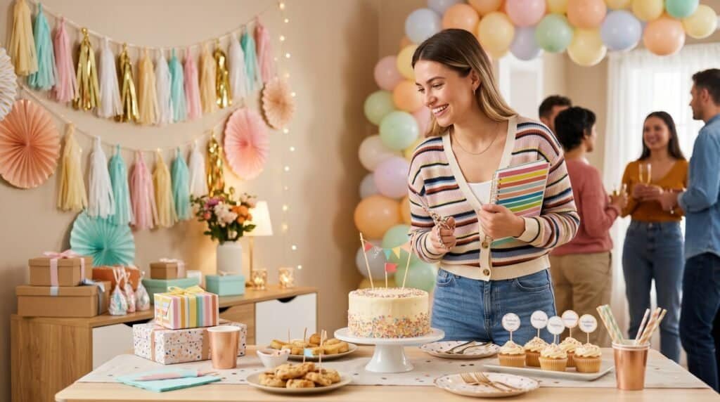 Colorful birthday party setup with balloons and decorations.