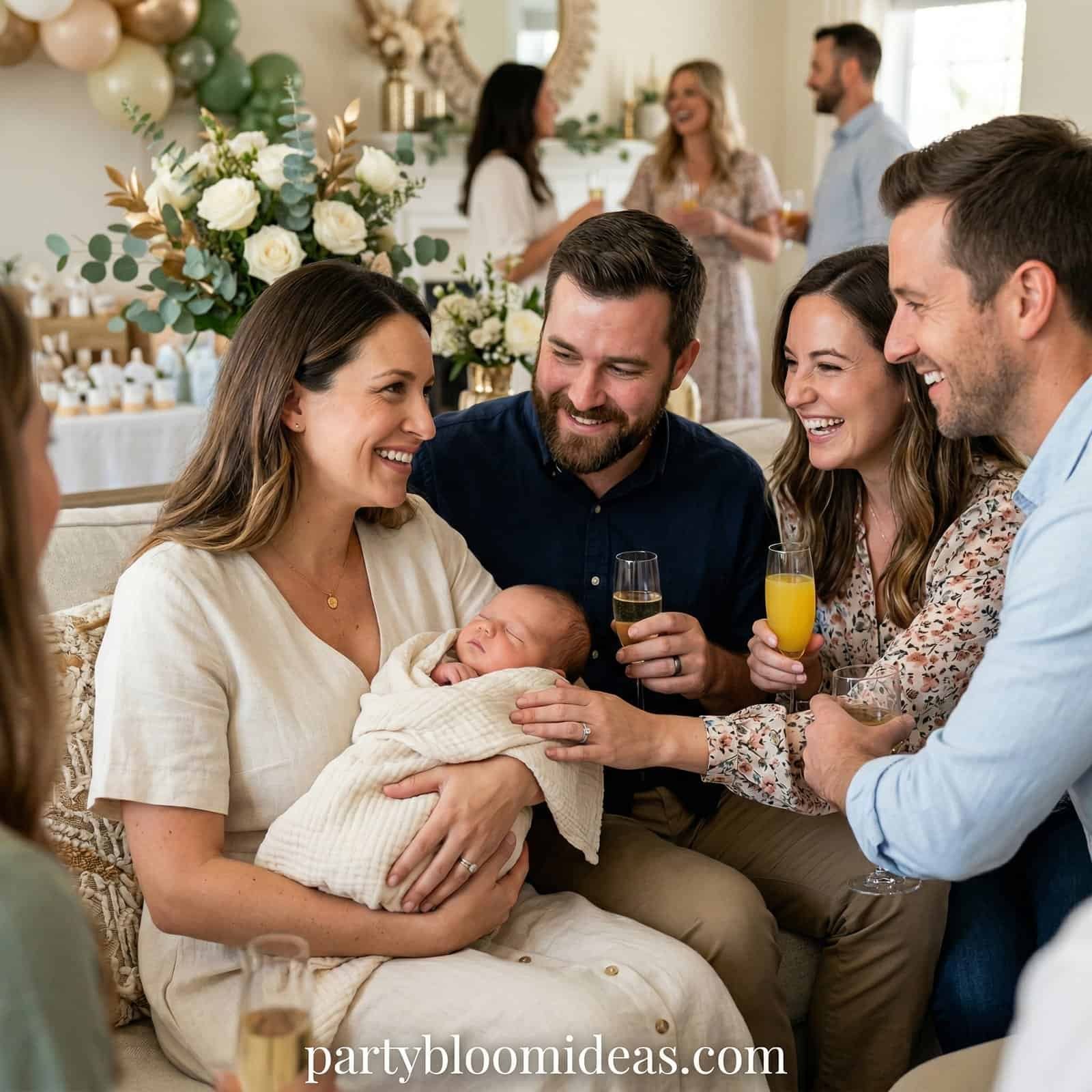 Family celebrating a baby shower with a newborn, smiling and holding drinks at a decorated party.