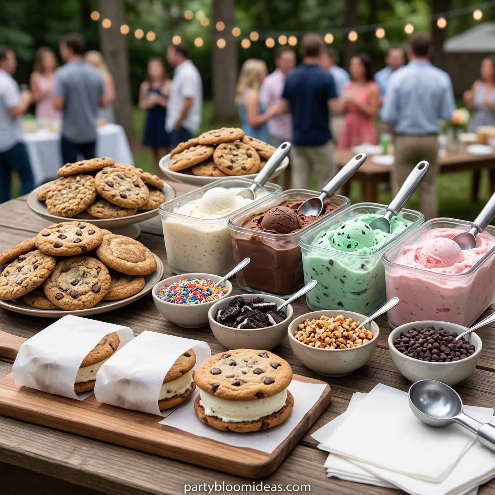 Delicious ice cream flavors and freshly baked cookies served at a backyard BBQ celebration. Perfect.