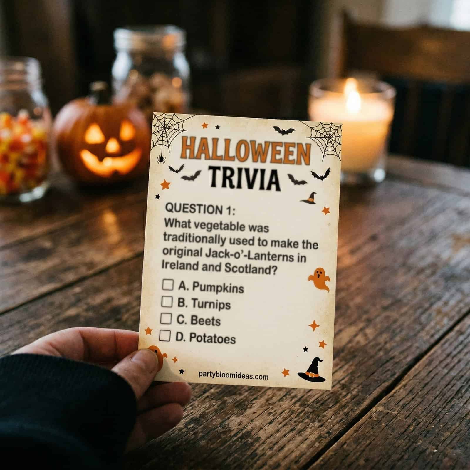 Halloween trivia card with pumpkin and witch illustrations for adult parties.