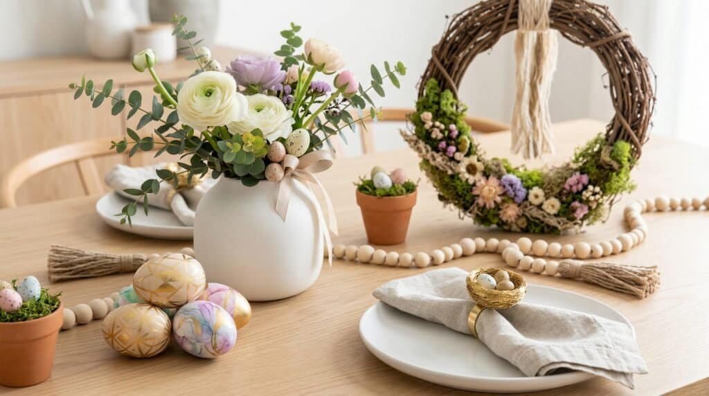 Easter floral centerpiece with eggs and wreath for festive table settings.