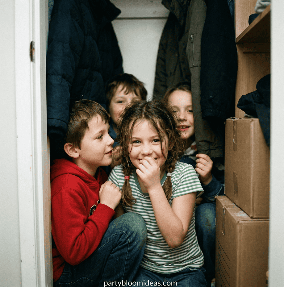 Children having fun playing hide-and-seek in a closet during a 13-year-old birthday party.