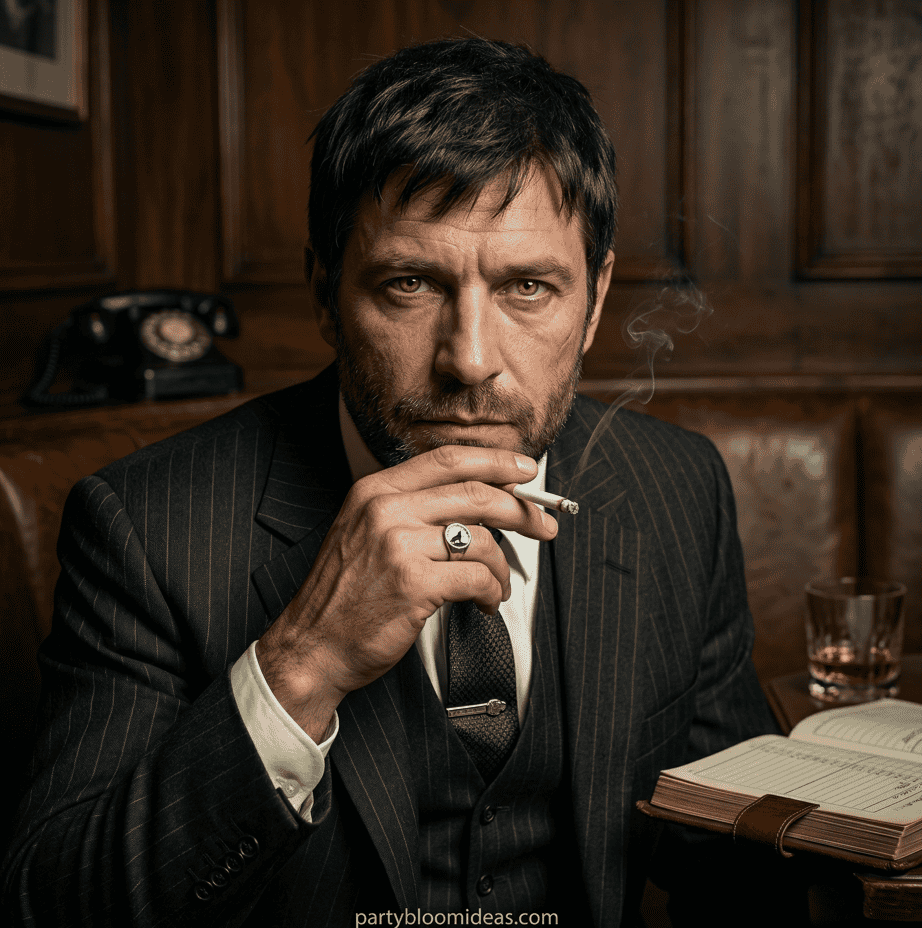 Man in a suit smoking a cigarette in a vintage office setting.
