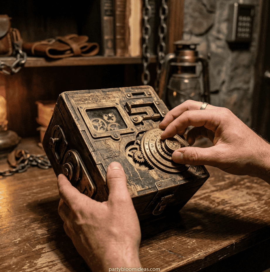 An interactive steampunk-inspired puzzle box used as a birthday game for 13-year-olds.