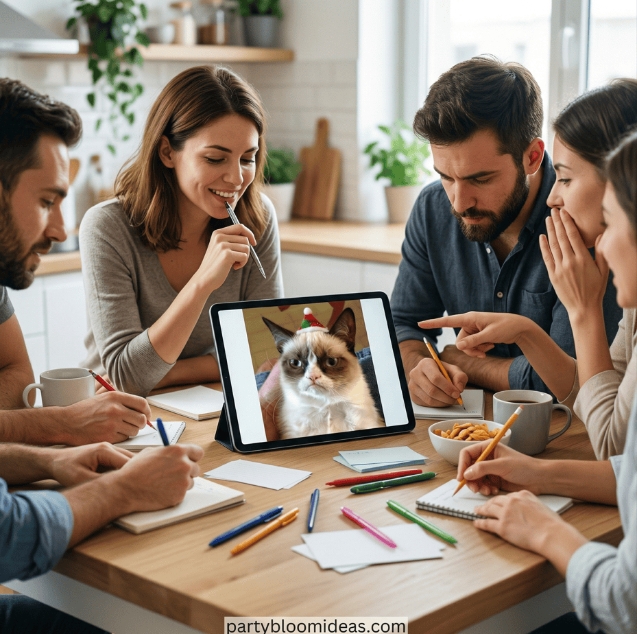 Group of teens playing virtual birthday game with cat on tablet.