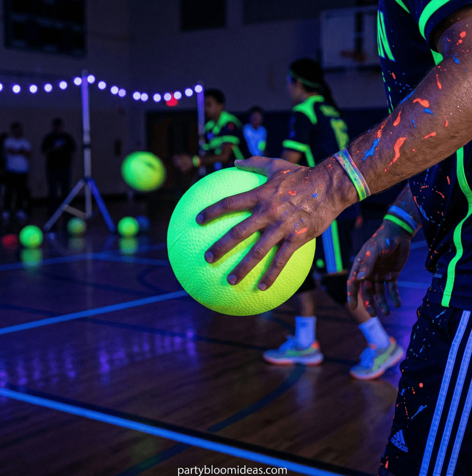 Kids playing glow-in-the-dark ball game at a 13th birthday party.