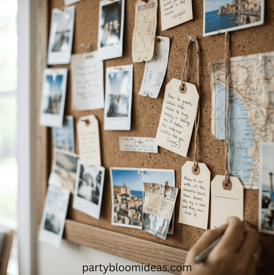 Polaroid photos and notes on a corkboard for a memorable birthday celebration.