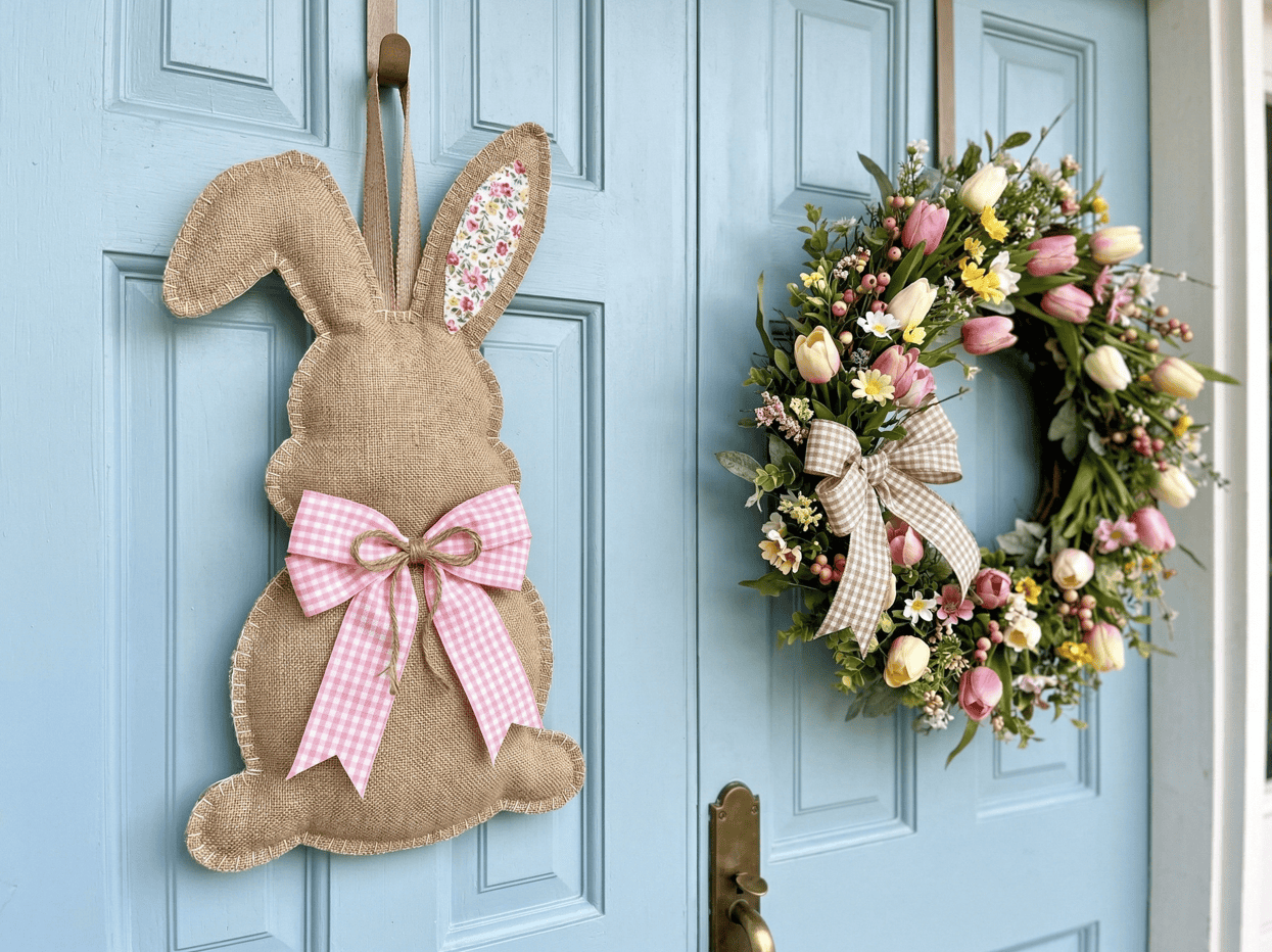Cute Easter Bunny Door Hanging with Ribbon.
