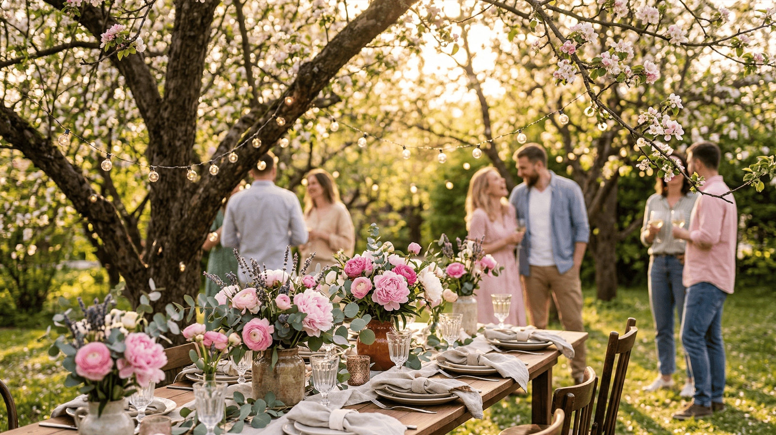 Elegant spring garden party with floral arrangements and guests socializing outdoors.