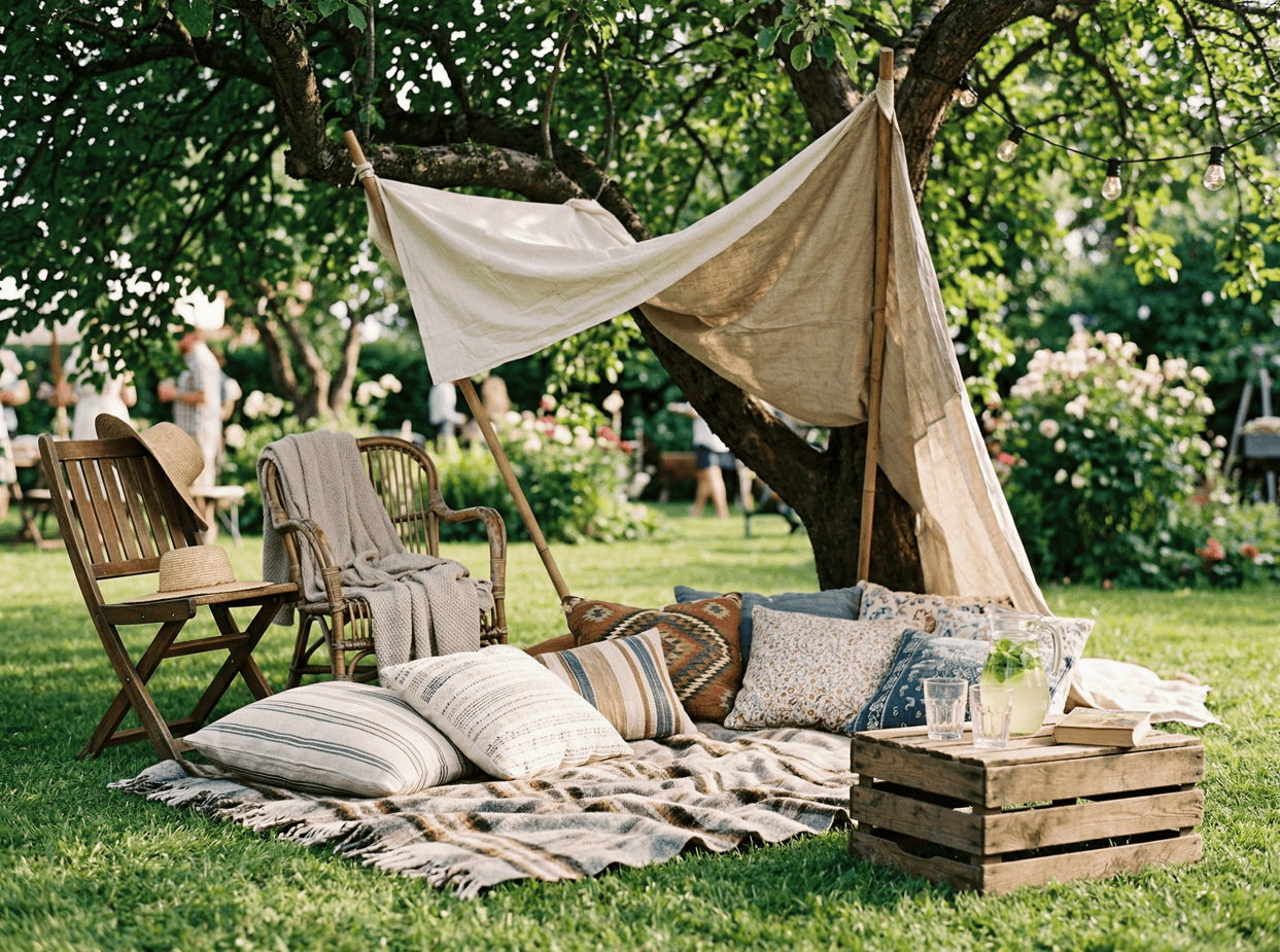 Outdoor spring garden party decor with cozy seating and rustic accents.