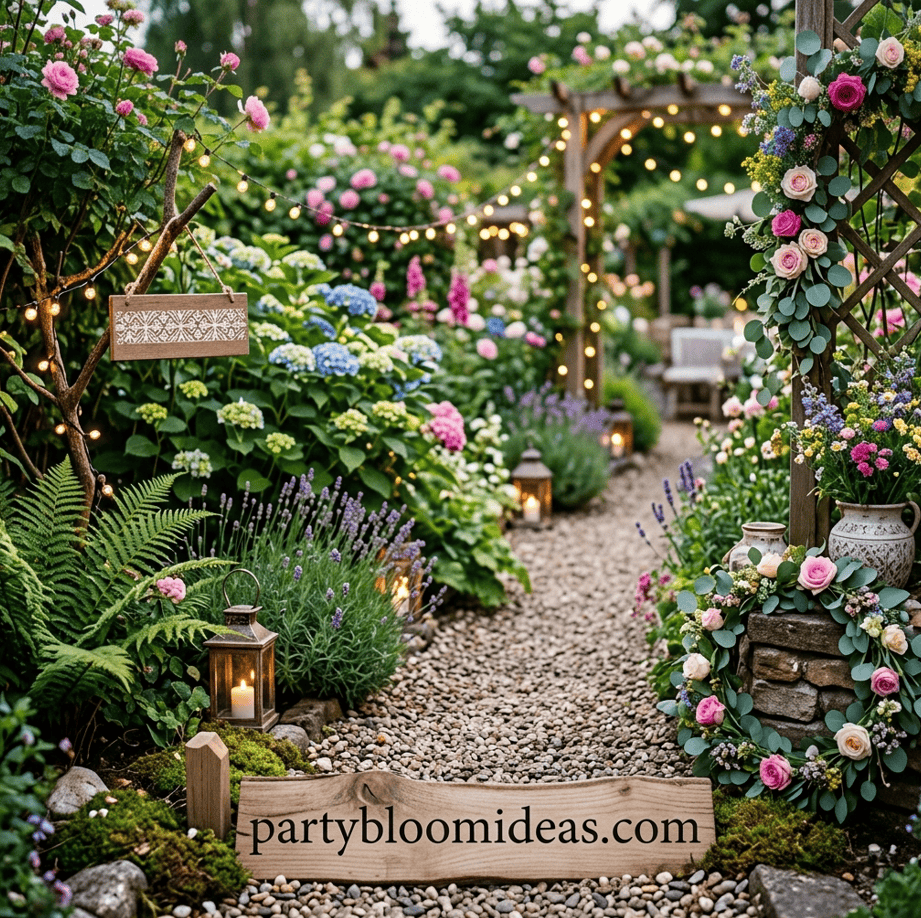 Beautiful spring garden party setup with fairy lights, lush flowers, and cozy seating for outdoor ce.