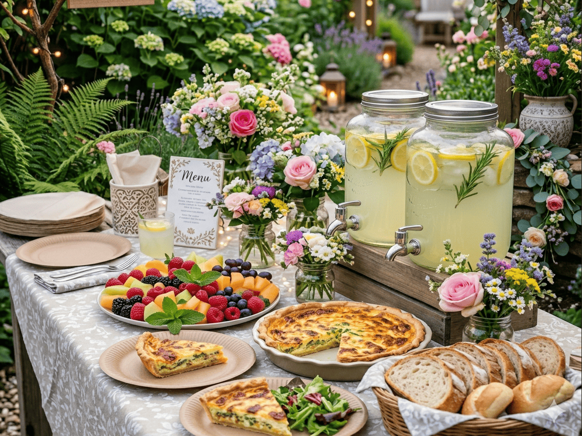 Elegant garden party setup with floral arrangements, lemonade jars, and assorted pastries. Perfect f.