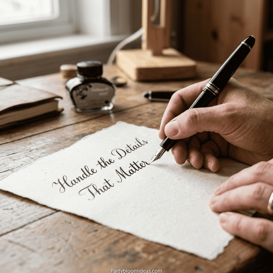 Handwriting a note on textured paper with a pen, emphasizing attention to detail.