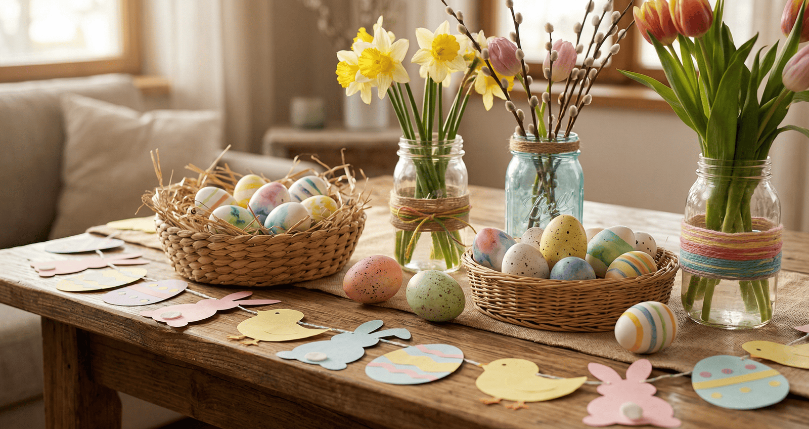 Easter eggs and floral arrangements on a rustic wooden table for festive spring decor.