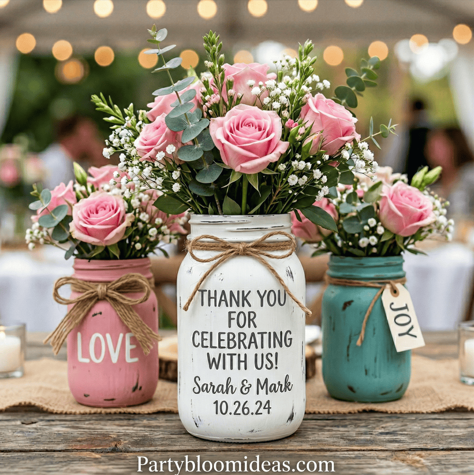 Beautiful mason jar flower arrangements with personalized thank you message.