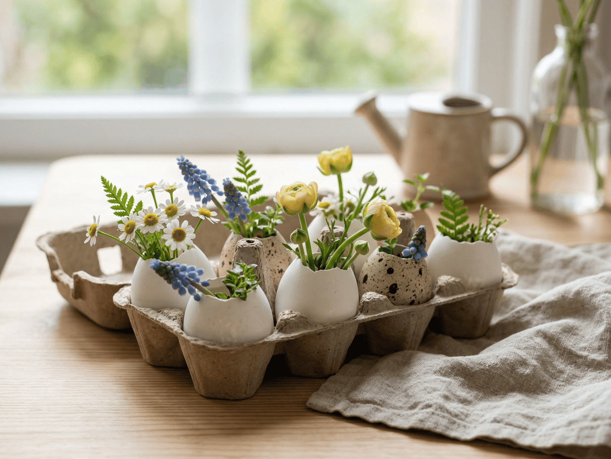 Beautiful DIY Easter flower eggs in a carton with daisies, bluebells, and greenery.