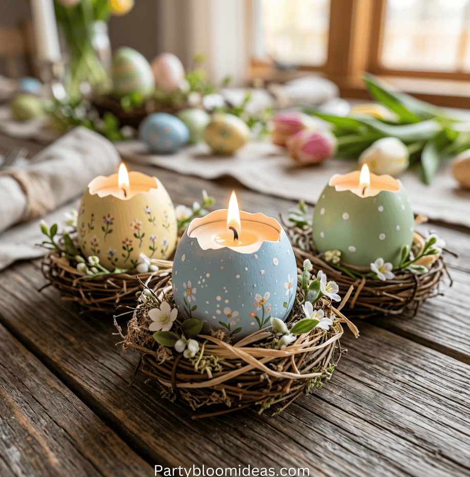 Beautiful Easter candles with floral and nest accents for festive spring decorations.