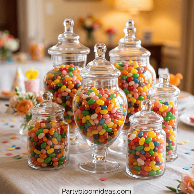 Easter candy jars filled with colorful jelly beans for festive table decoration. Perfect for creatin.