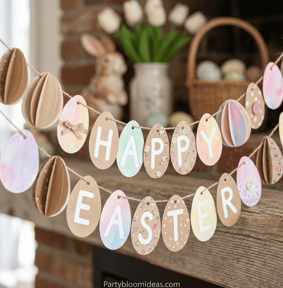 Festive Easter bunny and egg paper garland for holiday decor.