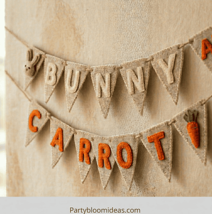 Festive Easter banner with bunny and carrot decorations for spring celebrations.