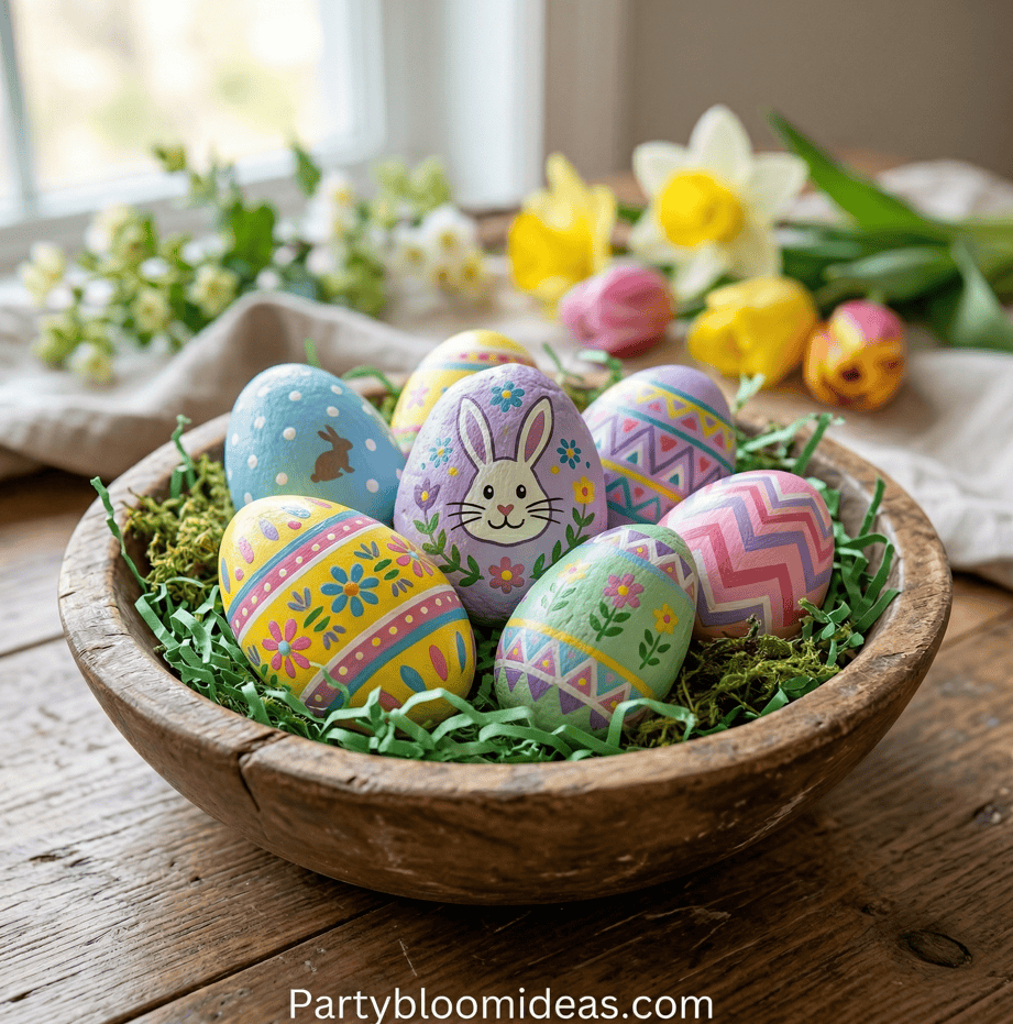 Easter egg decorations featuring bunny and floral designs, perfect for festive DIY Easter decor. Bri.