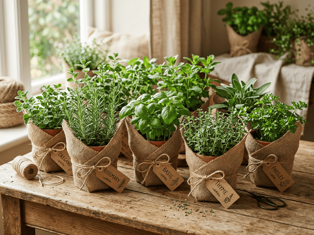 Herb garden with fresh basil, thyme, rosemary, and mint in burlap sacks for Easter decorations.
