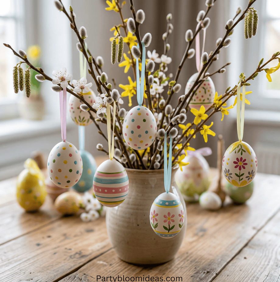 Easter egg ornaments hanging from branches with floral and polka dot patterns.