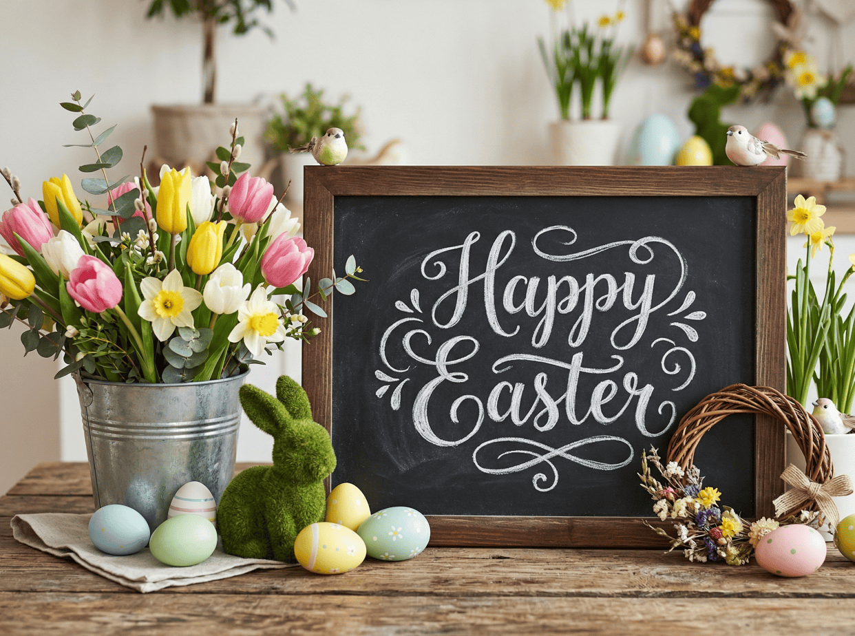 Festive Easter chalkboard with colorful flowers and eggs for spring celebration.