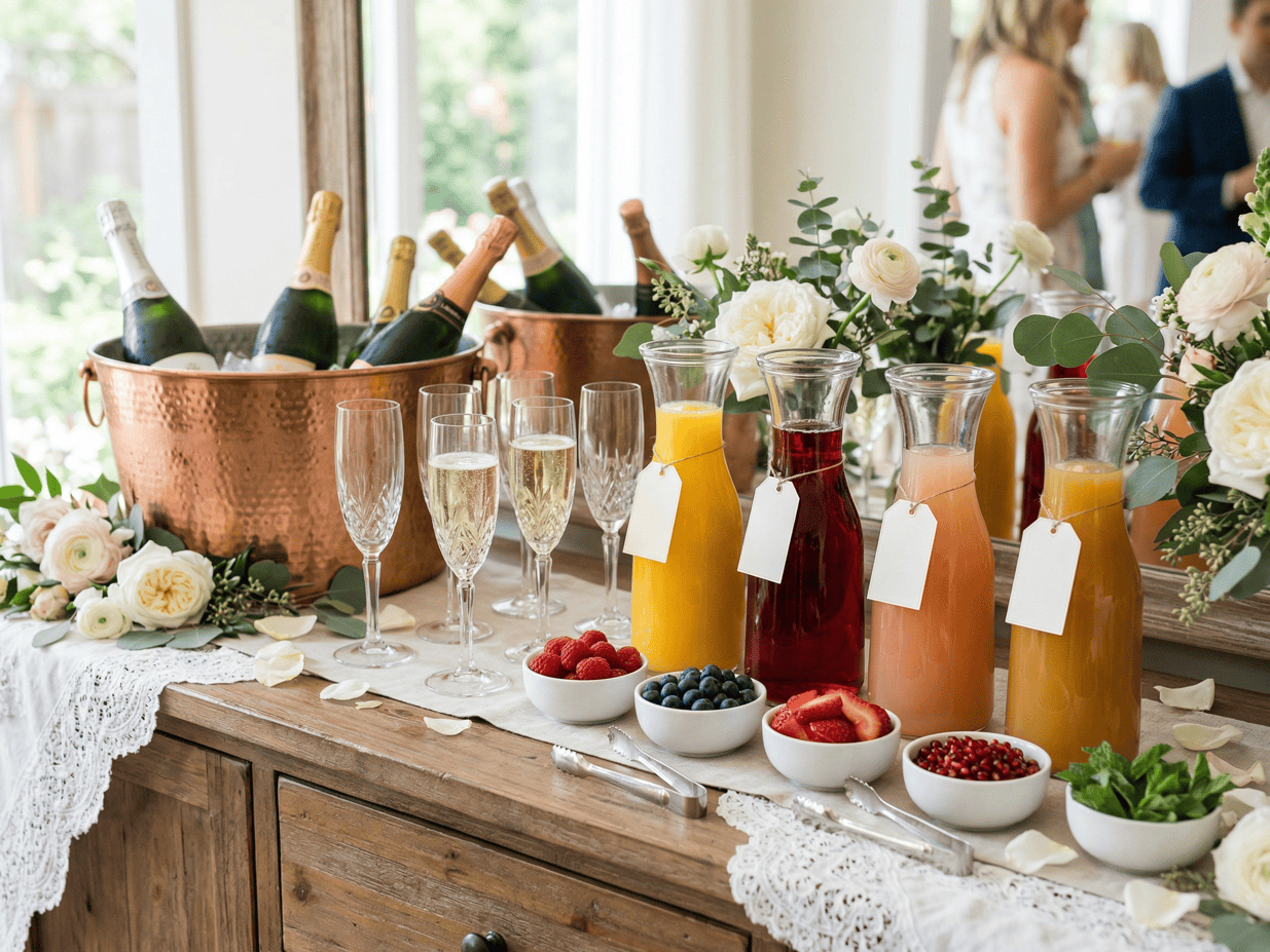 Mother’s Day brunch table with champagne, fruit, and floral arrangements.