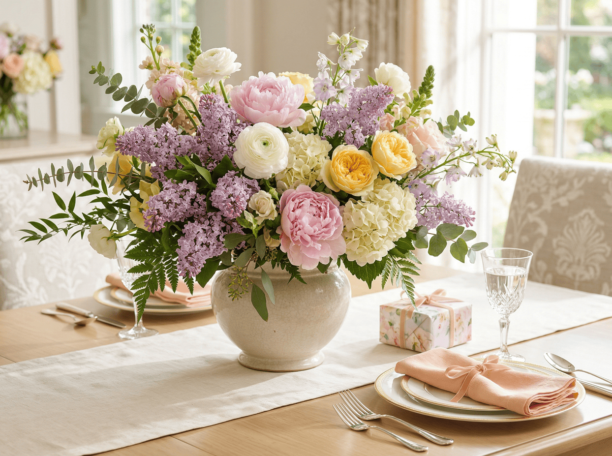 Beautiful floral arrangement with roses, peonies, and lilacs for Mother's Day party decor.