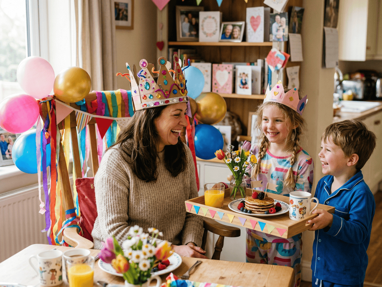Happy mother and kids wearing crowns during Mother's Day celebration.